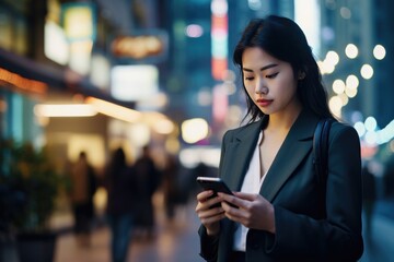 Wall Mural - Young Asian business woman using smart phone on city street at night evening