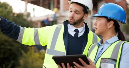 Canvas Print - Tablet, man and woman at construction site for inspection at urban building for development, quality control and safety. Engineering team, ideas and project management checklist for planning online.