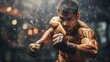 a closeup photo of a professional martial arts fighter having a fight on a boxing ring. epic action scene beating with water splash effect. pc desktop wallpaper, 16:9, 4k. blurry. Generative AI