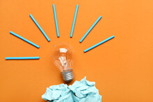 Light Bulb With Crumpled Paper On Color Background. Logic Concept