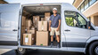© OpticalDesign - Delivery man standing in his van, shipping and parcel package, courier and delivery truck concept, mover