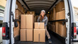 Delivery woman standing in her van, shipping and parcel package, courier and delivery truck concept, latina, moving