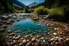 A Crystal-clear River With Pebbles On The Riverbed And Fish Swimming Between Them