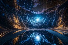 A Crystalline Cave System With Mirrored Walls Reflecting A Starry Sky