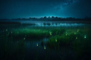 Wall Mural - A foggy marshland into a mystical scene with bioluminescent fireflies guiding the way