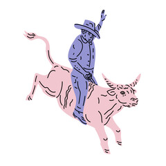 Wall Mural - Abstract Mono line illustration of rodeo cowboy riding bull side view done in monoline line drawing art style.
