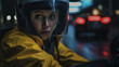 young adult woman on a motorcycle or scooter, wears a helmet with a glass visor, rainy weather, it's raining, in the evening or at night, in a city on a street with another car