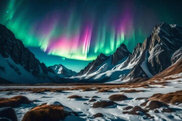 Wall Mural - A rugged mountain range into a dreamlike scene with colorful aurora borealis dancing in the sky