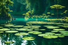 A Serene Lake Into A Mesmerizing Scene With Levitating Lily Pads And Reflective Butterflies