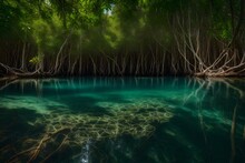 A Serene Mangrove Forest With Transparent Water And Crabs Scuttling Among The Roots