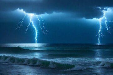 Canvas Print - A thunderstorm over the ocean with lightning illuminating the sky