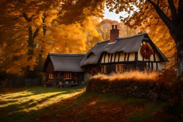 Wall Mural - In a quaint village, a cottage of humble means basks in the warm embrace of autumn sunlight. AI Generative