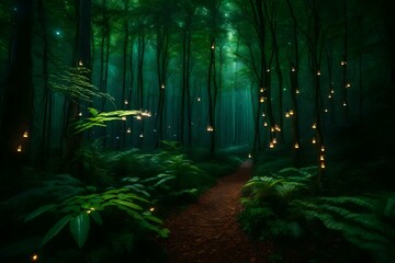 Wall Mural - Amidst the dense foliage of an ancient forest, an enchanting scene unfolds. Fireflies fill the air, emitting a soft, mesmerizing glow
