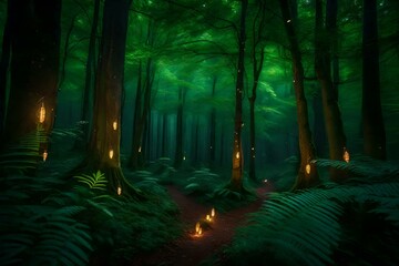 Wall Mural - Amidst the dense foliage of an ancient forest, an enchanting scene unfolds. Fireflies fill the air, emitting a soft, mesmerizing glow
