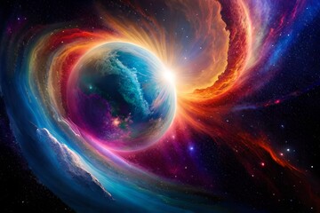 Wall Mural - planet in space with colorful smoke with different stars