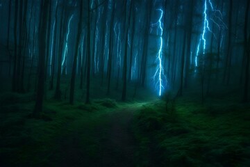 Wall Mural - An ethereal lightning forest, illuminated by streaks of lightning that create mesmerizing paths for walking