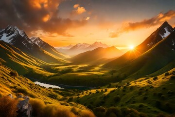 Wall Mural - Artwork of a serene mountain range, with lush green valleys and meandering rivers