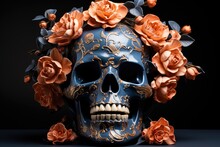 Blue Decorative Skull With A Wreath Of Orange Roses On A Black Background. The Day Of The Dead