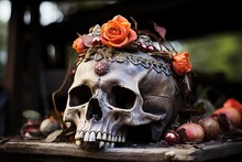 An Altar With An Old Skull Decorated With A Wreath Of Orange Roses. The Day Of The Dead