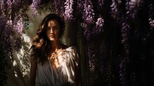 Model Standing Amidst A Curtain Of Hanging Wisteria, Intertwining With Her Silhouette.