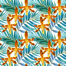 Watercolour Tropical Tree Palm Leaves With Yellow Leopard Orchid Flower Illustration Seamless Pattern. On White Background. Hand-painted. Floral Elements, Jungle Leaves.