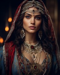 Portrait of a beautiful woman in luxurious clothing, Eurasian vintage style.