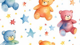 Fototapeta Pokój dzieciecy - Teddy bears and stars watercolor seamless wallpaper with a white background.  paper for gift wrap, scrapbook, crafts, art projects for kids
