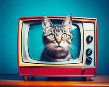 Grey Tabby Cat Looking Out Of A Vintage Television On A Blue Background. 