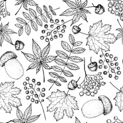 Seamless pattern with autumn leaves, twigs, mushroom, acorn. Autumn background. Hand drawn vector illustration.