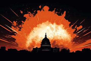 Nuclear explosion in Washington. Bomb explosion. Fall of America. A view of the sphere of burning Washington. Fire mushroom.