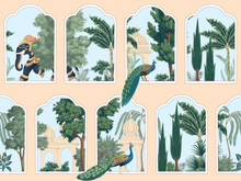 Indian  Gallery With Elephant, Peacocks, Palms, Trees Seamless Pattern. Garden Wallpaper.