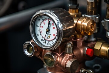 Close-up of an air compressor regulator with adjustable knobs and pressure relief valve.