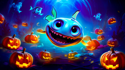 Wall Mural - Cartoon fish with big smile on it's face surrounded by pumpkins.