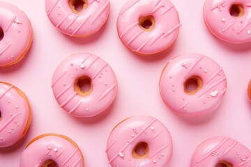 Donuts pattern with icing on pastel pink background. Sprinkled sweet and colourful glazed doughnut. Flat lay. Minimal food concept