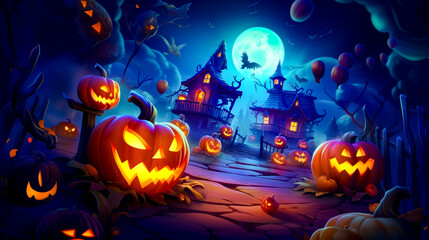 Wall Mural - Halloween scene with jack o lantern pumpkins and full moon in the background.