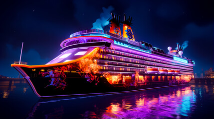 Sticker - Large cruise ship in the middle of body of water at night.