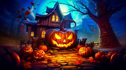 Wall Mural - Halloween scene with jack o lantern pumpkins and house in the background.