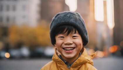 Wall Mural - Happy asian child outdoors in autumn city with copy space