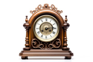 Beautiful old antique wooden clock winding up is a rare item with a high price on a white background.