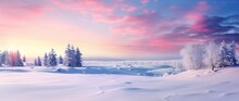 Banner With Winter Panorama Landscape. Forest, Trees Covered Snow. Sunrise, Winterly Morning Of A New Day. Purple Landscape With Sunset. Happy New Year And Christmas Concept