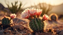 A Cactus Flower Bloom In The Desert, Captured During Sunset, Showcasing Its Resilience And Beauty.
