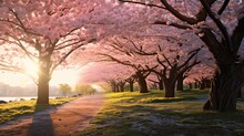 Wide Shot Of A Cherry Blossom Avenue, Capturing The Full Bloom And Serenity Of The Setting.
