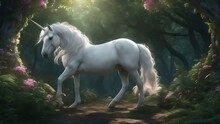White Horse Unicorn Runs Gallop In The Forest