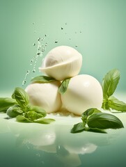 Wall Mural - Delicious Mozzarella Cheese Photorealistic Vertical Illustration. Creamy Milk Product. Ai Generated bright Illustration with Gourmet Tasty Mozzarella Cheese.