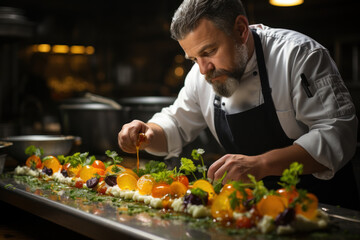 Sticker - A chef prepares a dish with intricate plating, combining flavors, textures, and visual appeal as part of their sensory-driven culinary style. Generative AI.