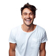 Smiling man in jeans on transparent background Laughing brunette guy on white t shirt backdrop
