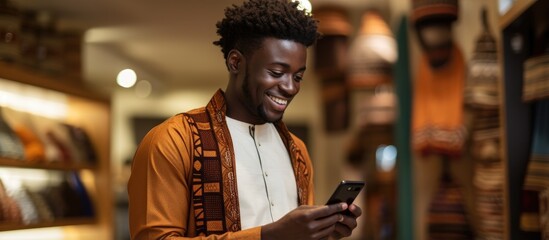 African man in traditional attire using mobile phone isolated in store