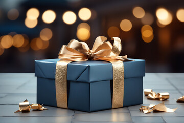 Wall Mural - Blue gift box with golden bow on the background of bokeh effect. Generative AI