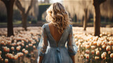 a woman with curly hair hidden face stands with her back to the frame in a blue retro dress in a tulip garden, back view, created with Generative AI Technology.