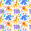 Animals clean teeth with tooth brush, toothpaste for children with fruit taste, dental care for kids, oral hygiene, cute lion, giraffe and elephant and rhino, seamless pattern, repeat tile